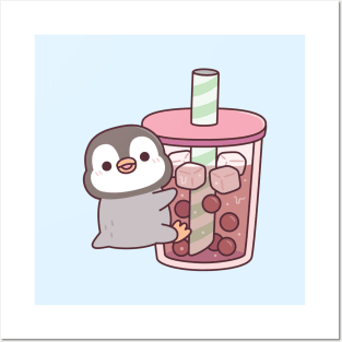 Cute Penguin Hugging Iced Bubble Tea Posters and Art